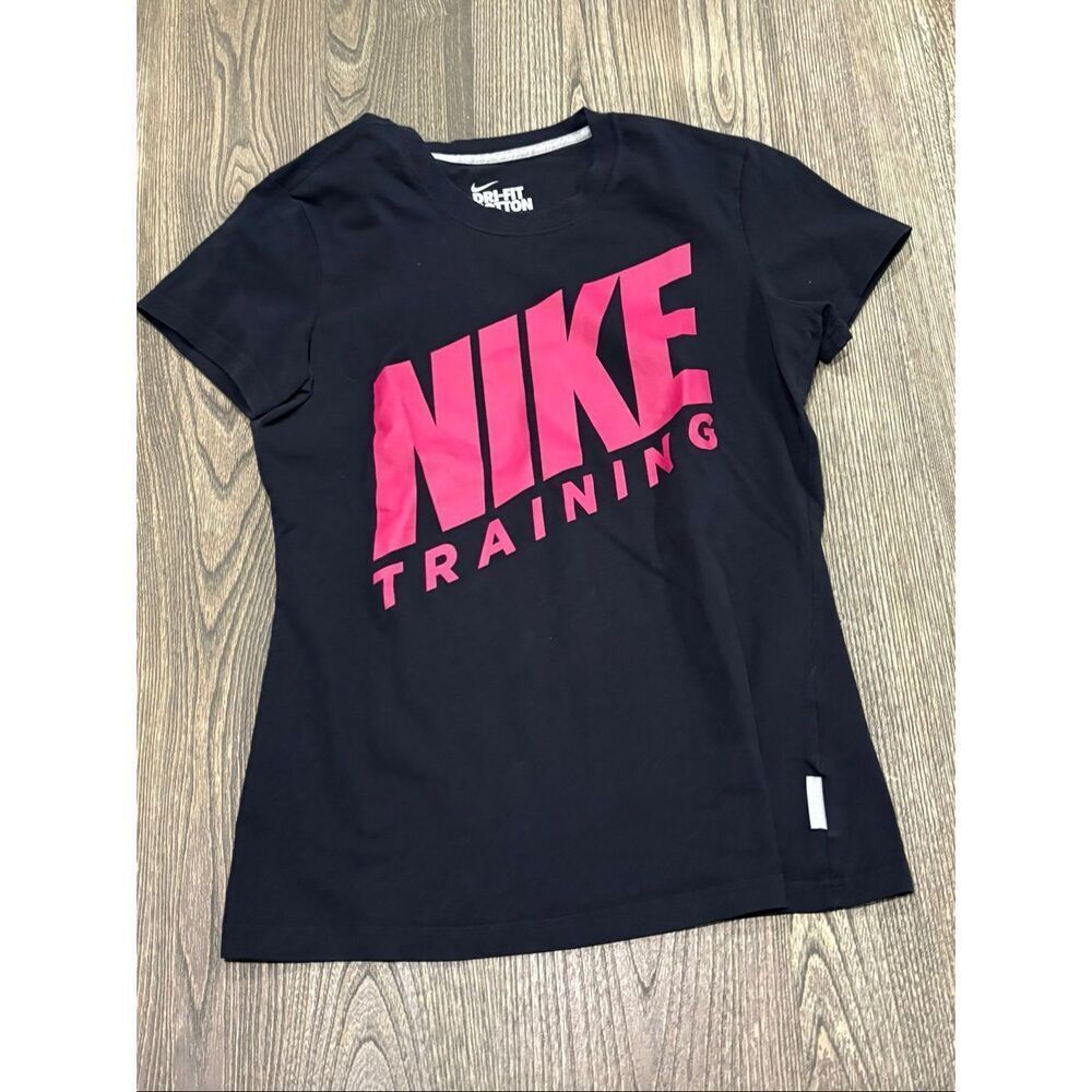 Nike Dri-FIT Womens Training T-Shirt Graphic Tee Short Sleeve Black Pink Size M